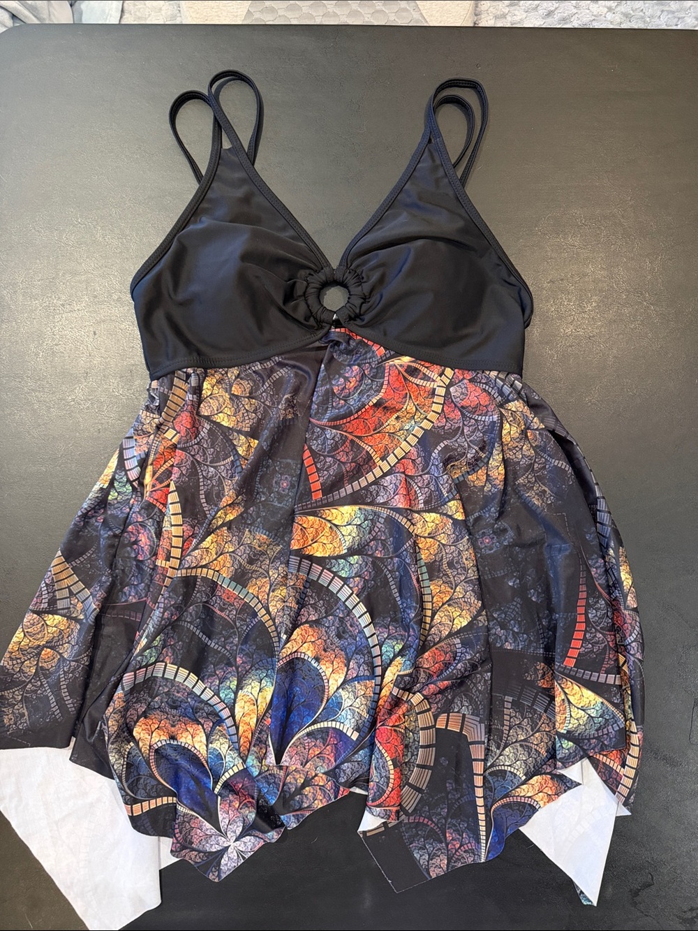 Source Unknown Black Tankini with Multicolor Mosaic Skirt